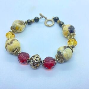 Gemstone and Faceted Yellow Purple Beads Silver Accent Toggle Clasp Bracelet